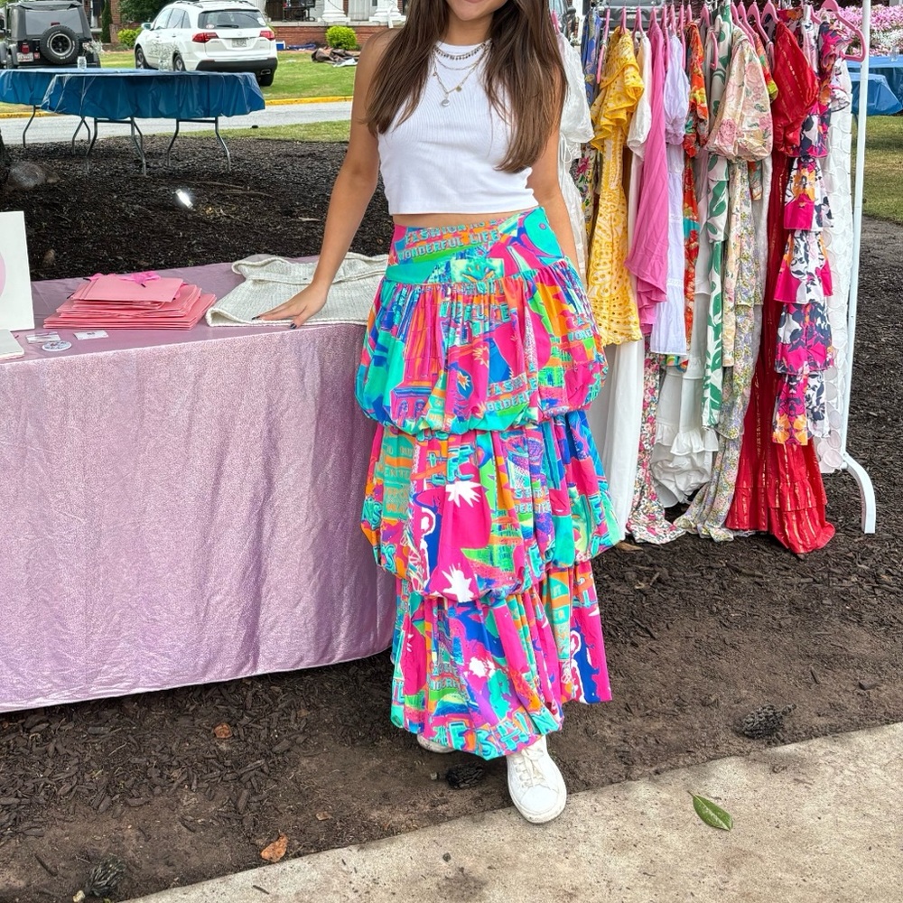 Tiered Midi Skirt in Vibrant Pink & Turquoise